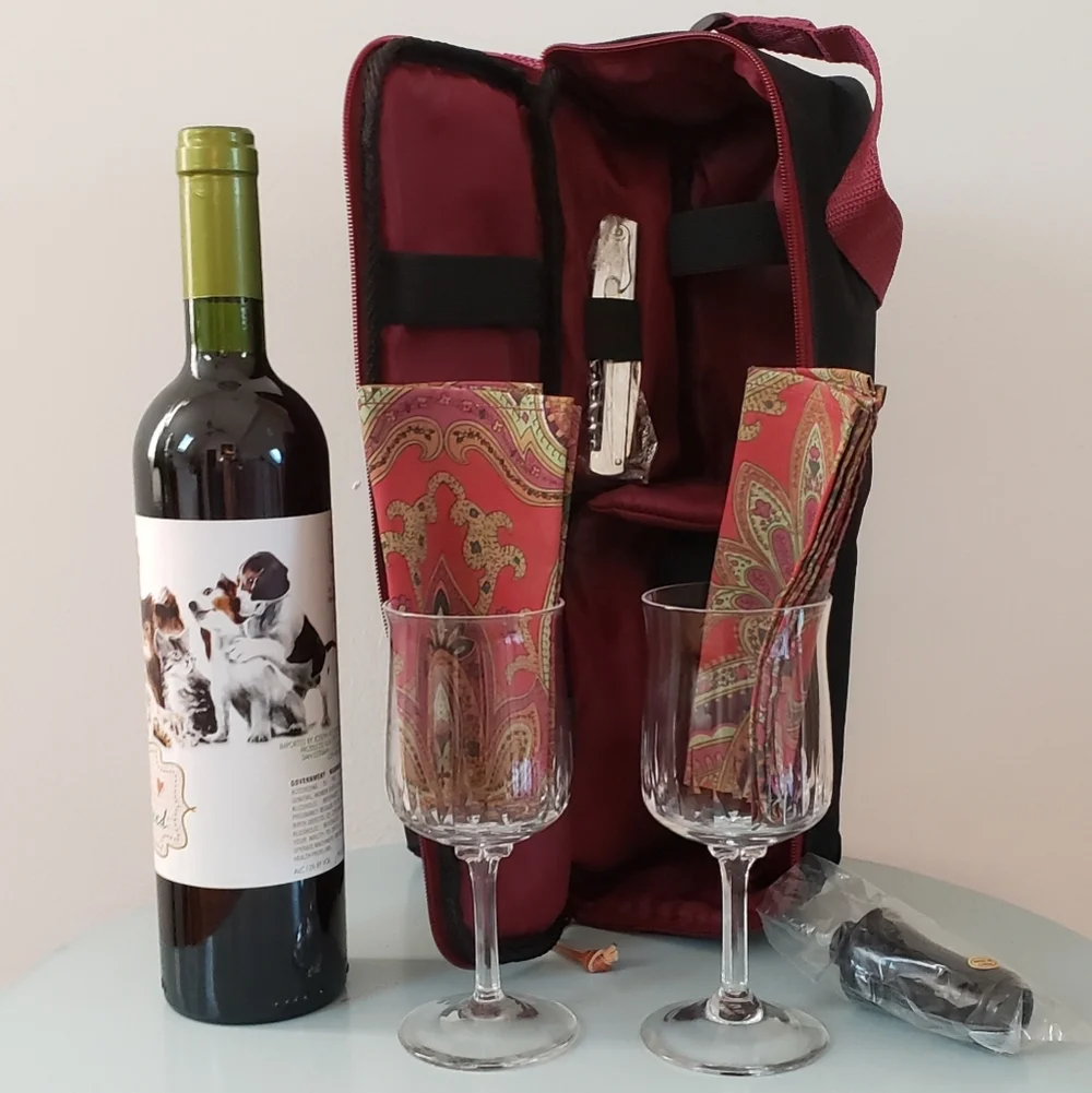 Insulated Wine Tote with 2 Wine Glasses, Napkins, Corkscrew
